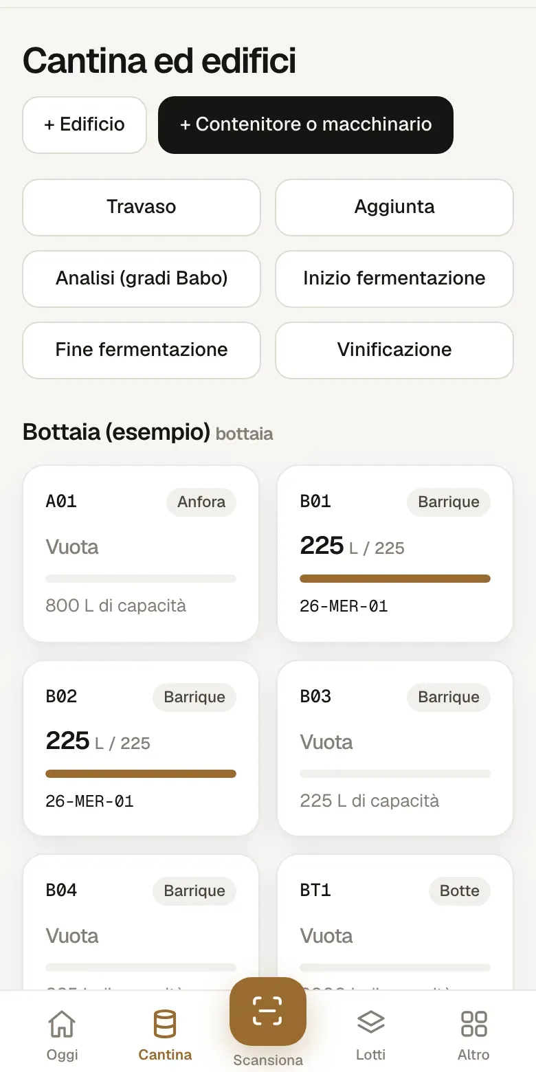 Schermata Cantina con i contenitori e il loro riempimento