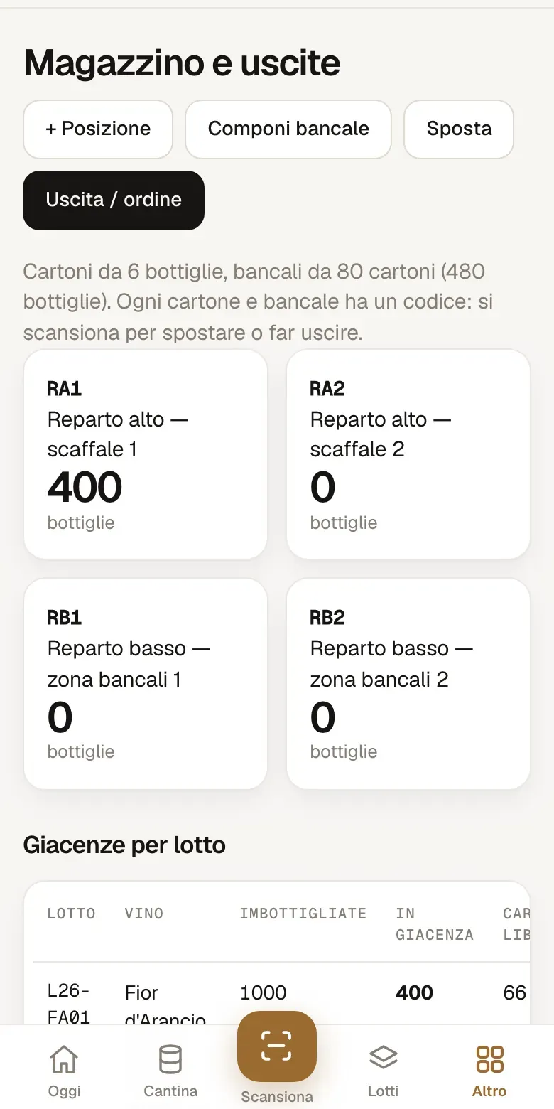 Schermata Magazzino con le posizioni e le bottiglie per scaffale