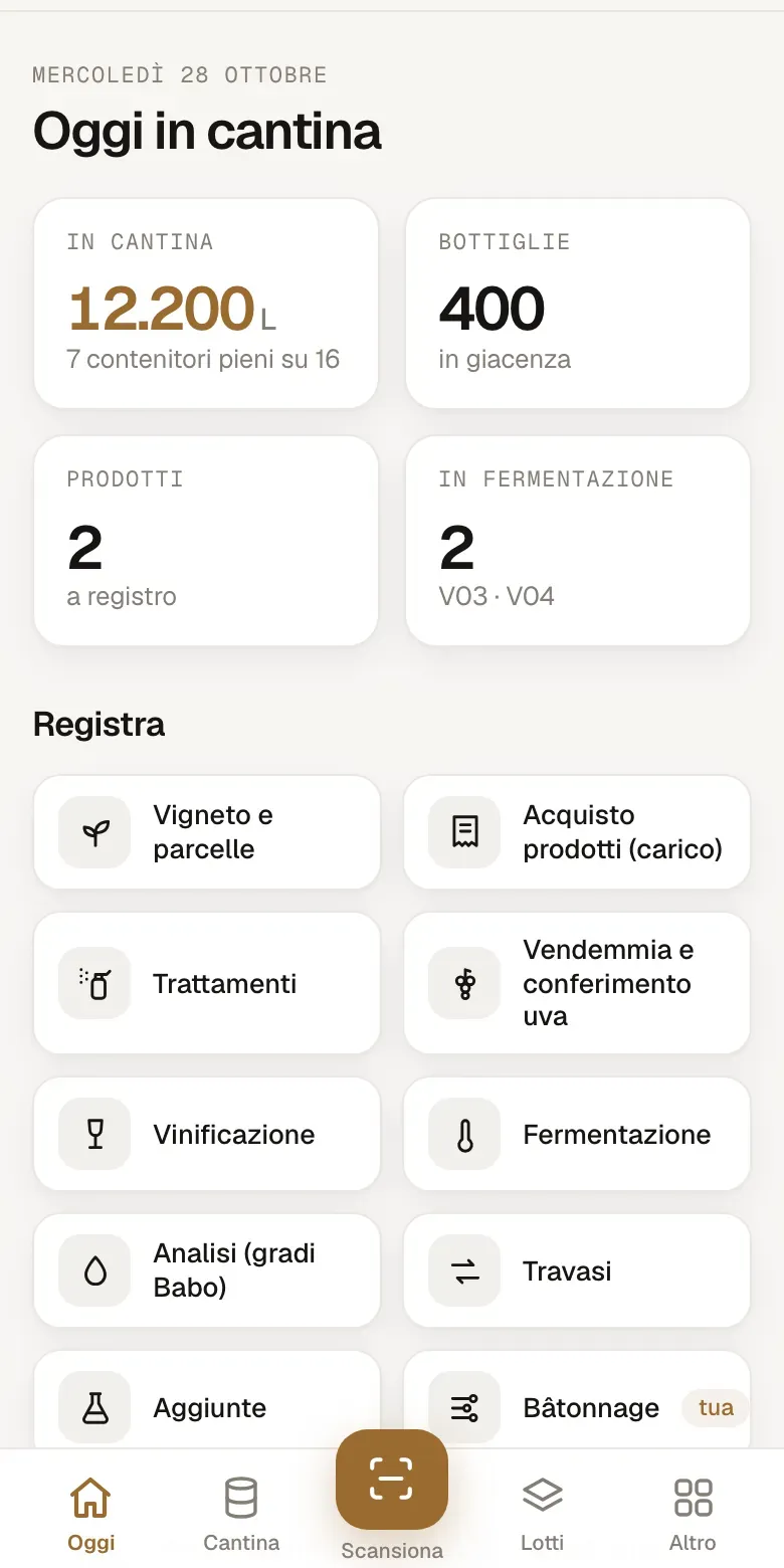 Schermata Oggi in cantina: litri, bottiglie, vasche in fermentazione