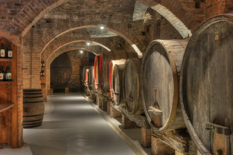 Barrique in una cantina con archi di mattoni